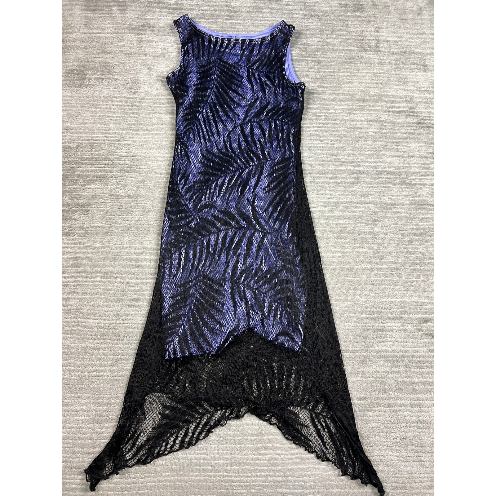 Scarlett Dress Womens 7/8 Purple Black Palm Leaf Lace Sharkbite Hem Vintage 90s