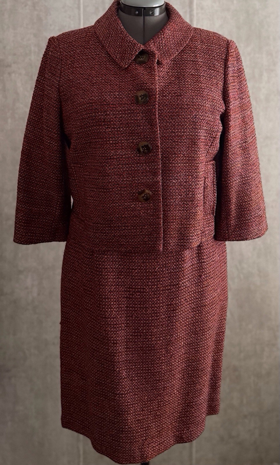 Talbots 2pc Silk Blend Multi Rasberry/Wine Tweed Sheath Dress Jacket Set Sz12P