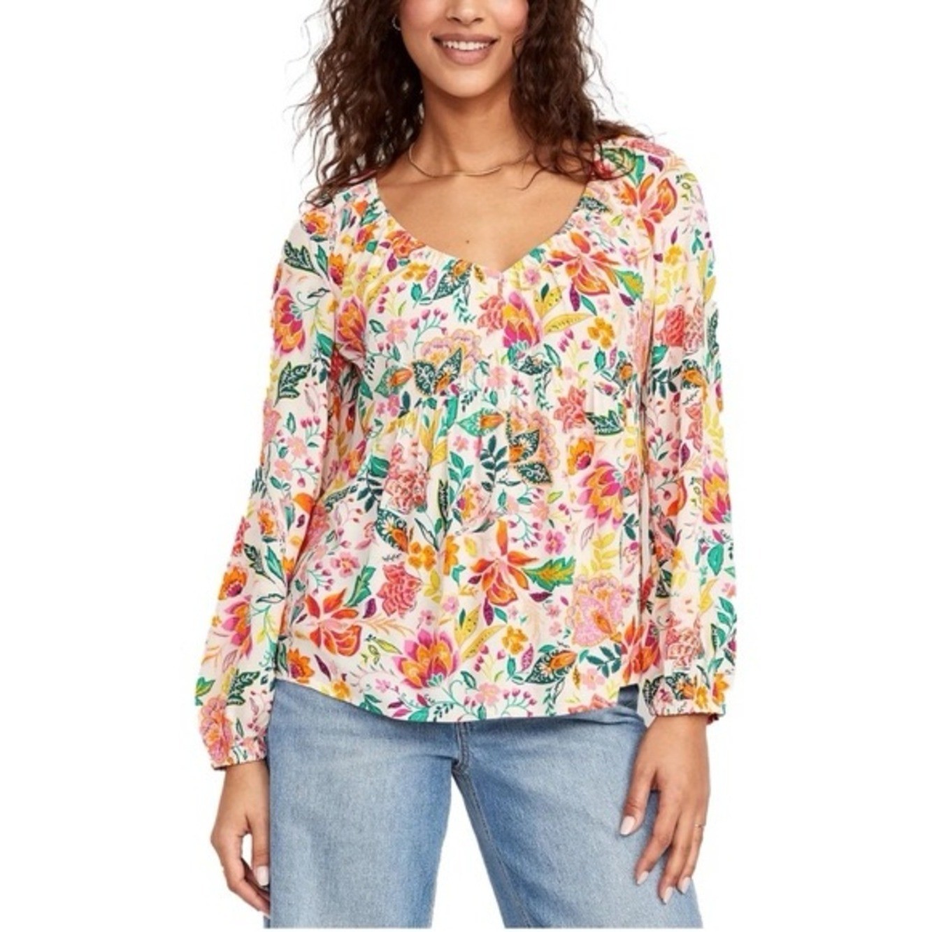 Old Navy Floral V-Neck 100% Rayon Long Sleeve Crinkle Boho Top Blouse medium
