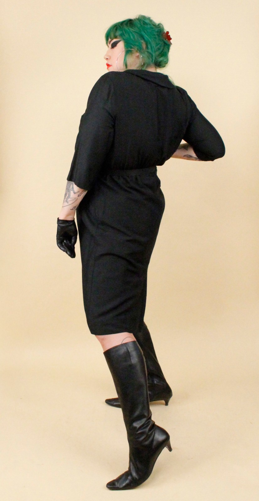 1950s Vtg Black Plus Size Volup Collared Sailor Button Dress Goth Pin Up 1X B48&Prime;