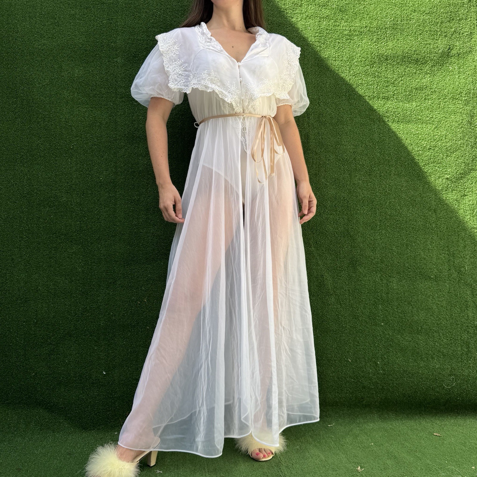 Vtg Val Mode Peignoir Gown Robe Lingerie Sheer Chiffon Lace S/M Delicate