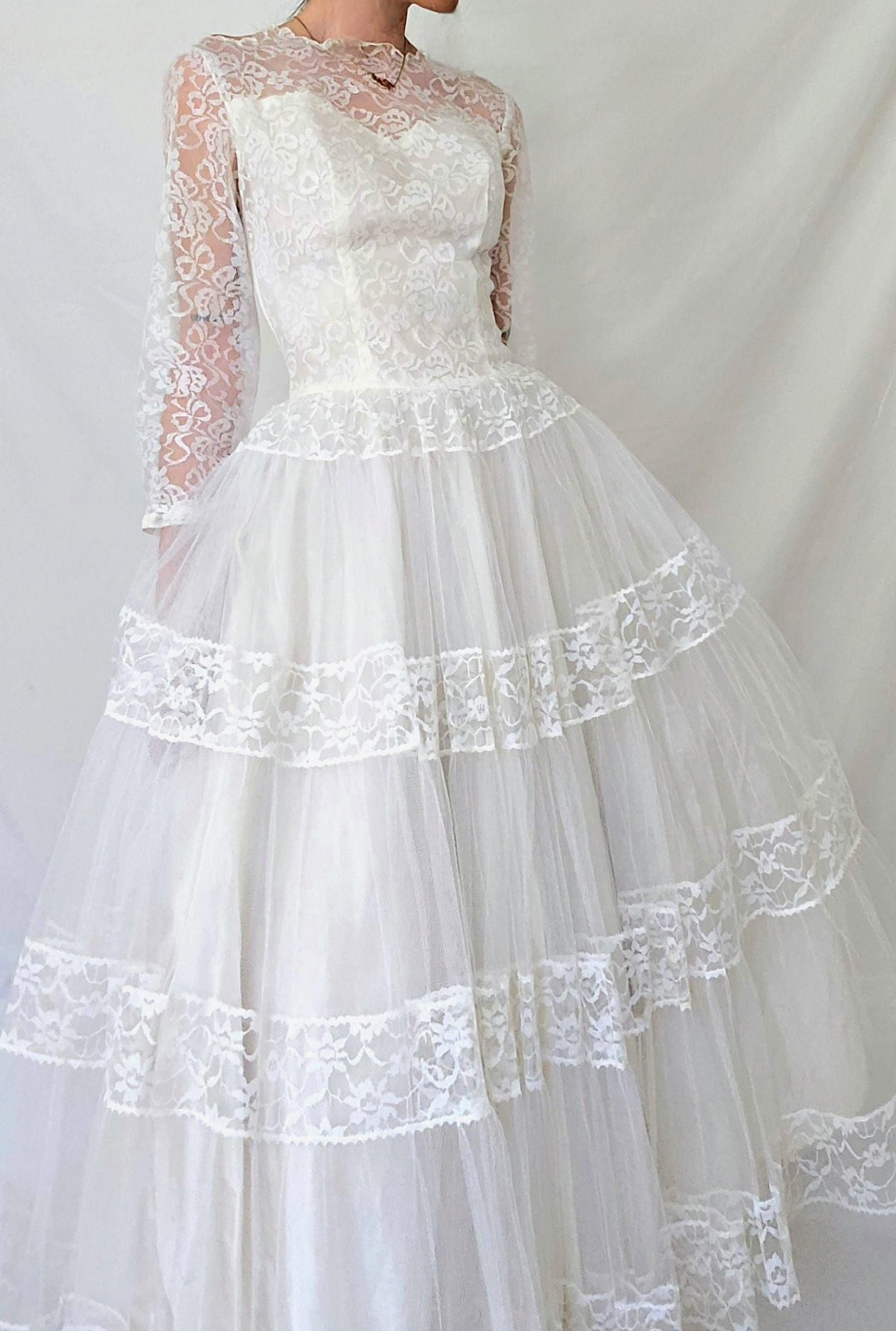 1950s Tea Length Wedding Dress: Vintage Tulle and Lace Bridal Gown, S