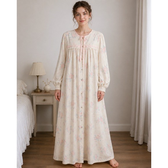 Vintage Floral Fleece Nightgown Robe Pink Lace Long Sleeve Maxi 1X Cottagecore