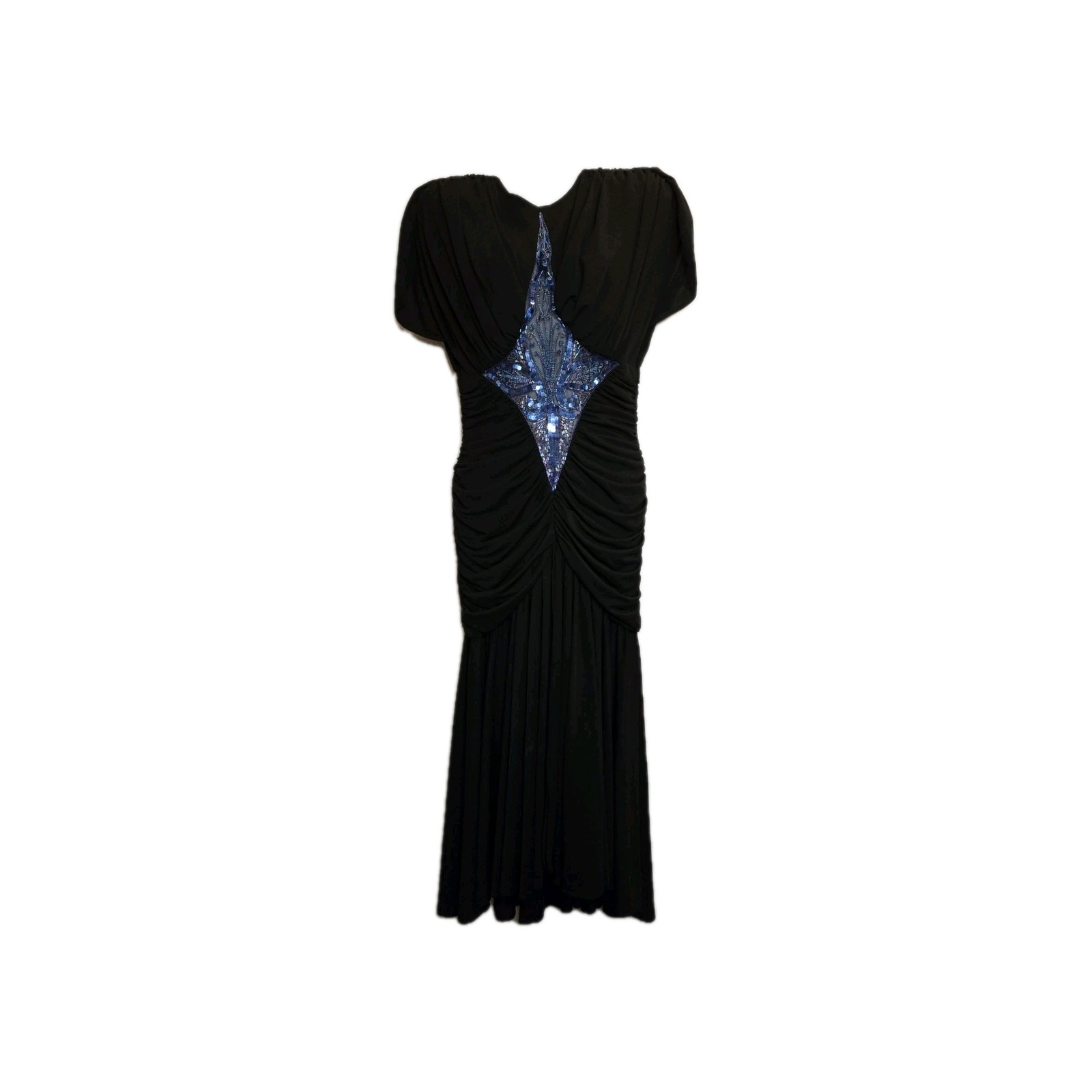 VTG 80s Casadei Black Beaded Dress 6 Draped Ruched Lace Evening Dynasty Era
