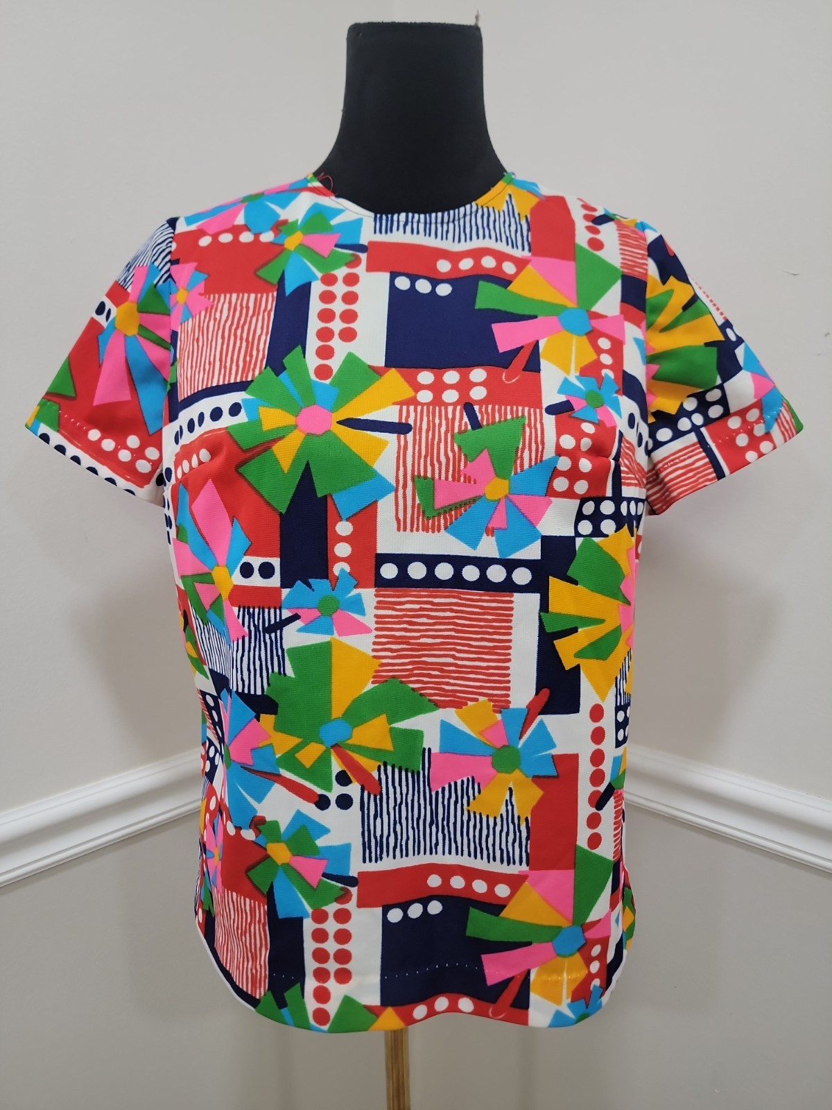 Vintage 60s 70s Mod Psychedelic Print Blouse Button Up Shirt L