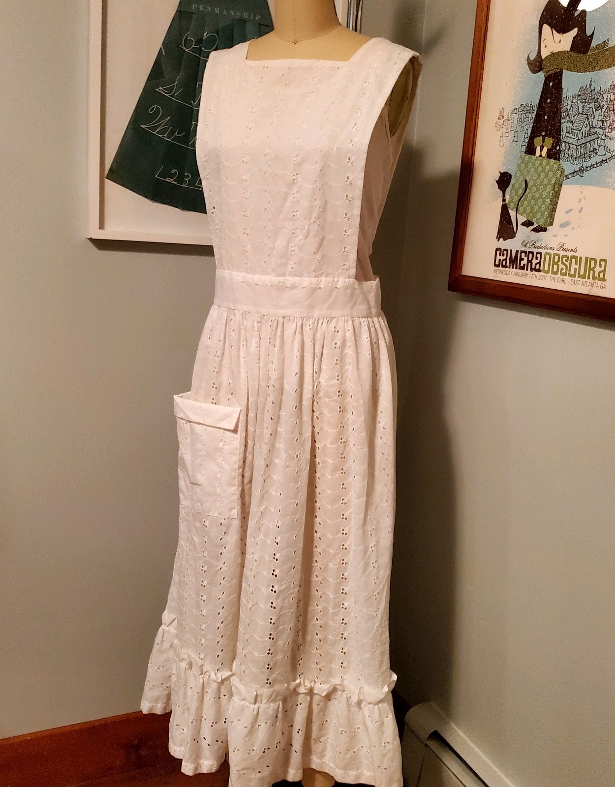 Vintage Home-made White Cotton Eyelet Pinafore Dress/Ankle Length Apron