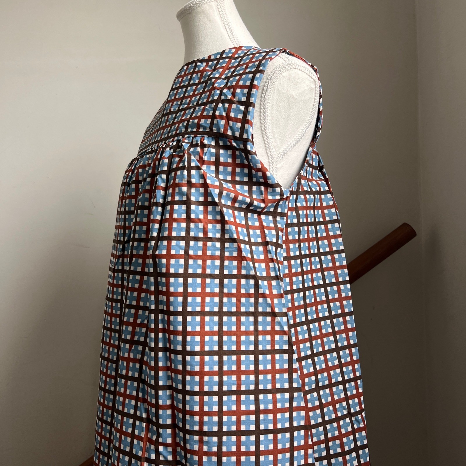 Vintage Plaid Midi Dress Mod MCM Geometric Sleeveless A-Line Muumuu House Coat
