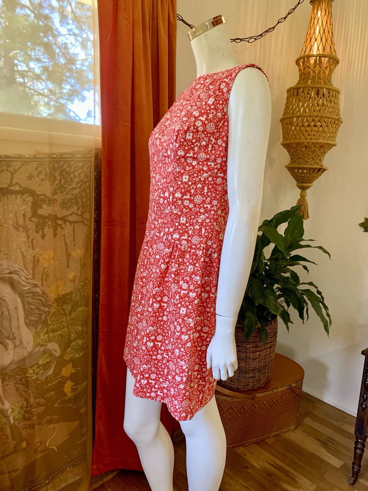 1960s vintage red FOLK ART novelty print rockabilly Dress & matching Mens Shirt