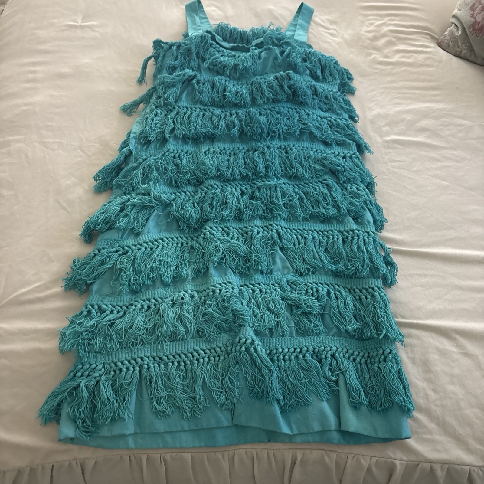Handmade Vtg 70s Turquoise Fringe Flapper Dress Boho Disco Costume Great Gatsby