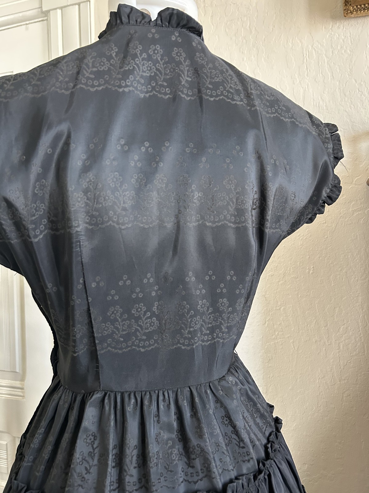 Vtg 40s 1950s Black High Neck Party Tea Party Dress Gothic Ruffle Full Skirt 27W