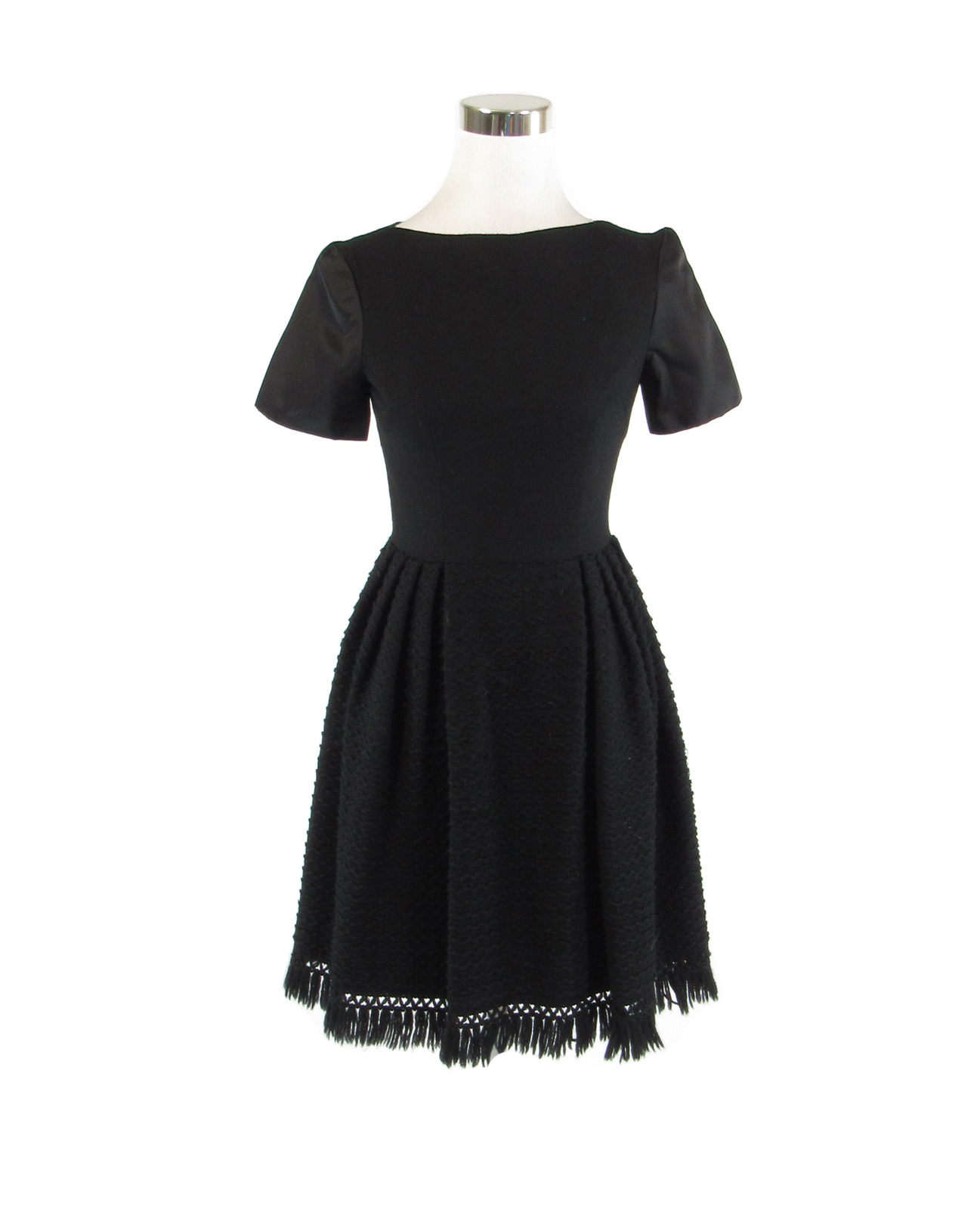 Black textured short sleeve fringe hem vintage dress S