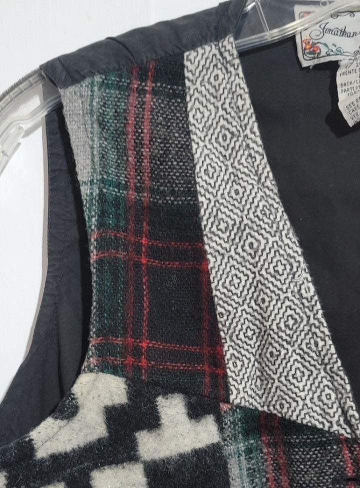 90s VTG Plaid Patchwork Blanket Tribal Womens Vest Wool Cotton 3 Button V-Neck M