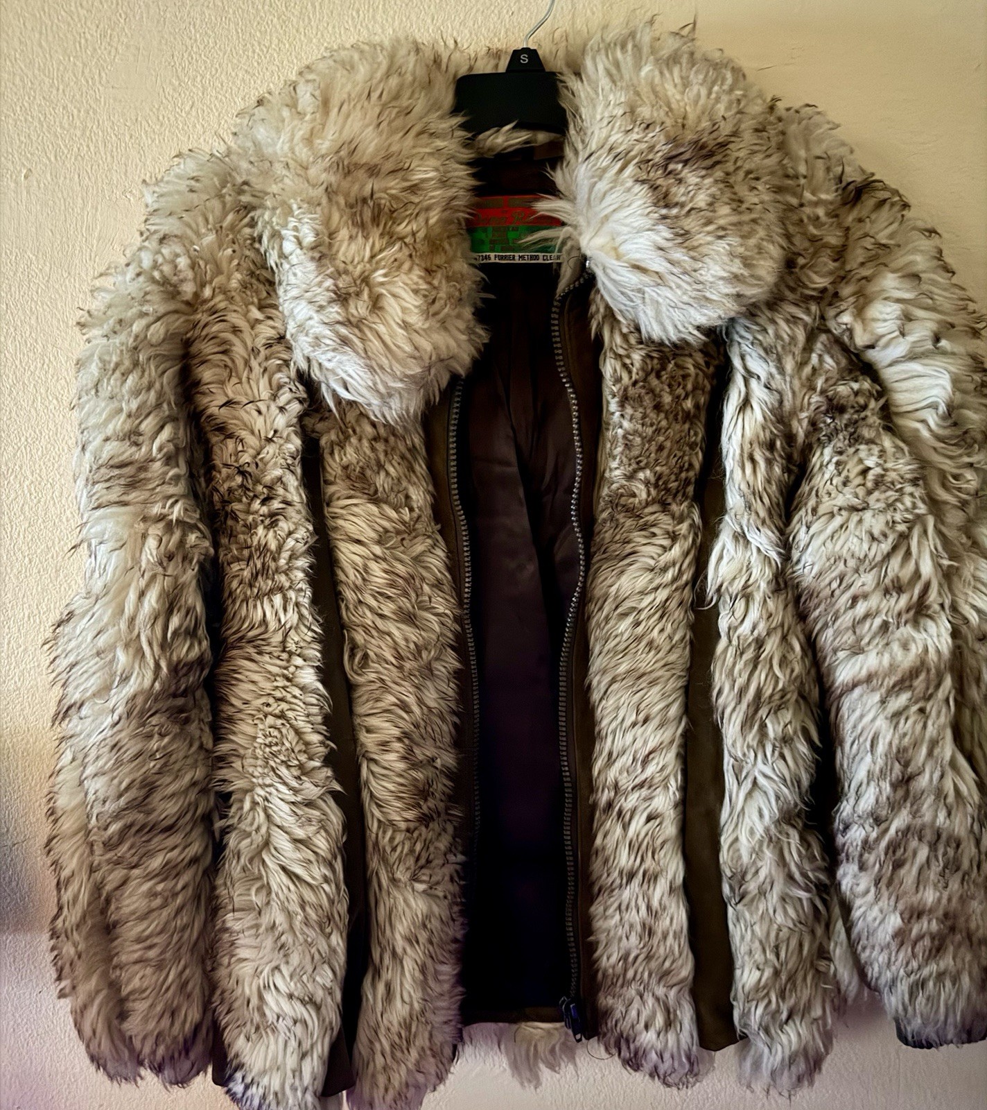 Dino Ricco Brown Beige Lamb Fur Lined Full Zip Collared Short Bomber Jacket M