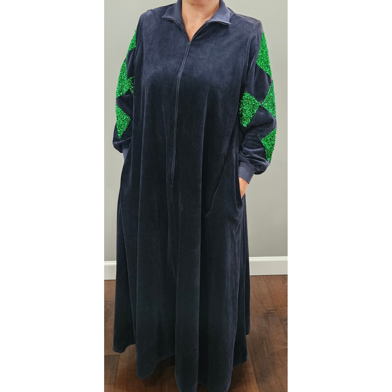 RARE Vintage David Brown California Velour Maxi Robe Green Tinsel Harlequin M