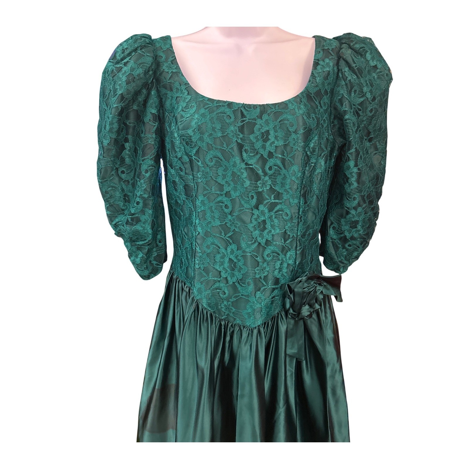80s Unbranded Lace Satin Party Dress Emerald Green Prom Regencycore Dark Romance