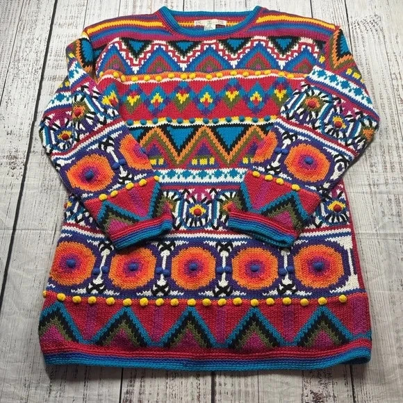VINTAGE RTR RAMIE BLEND SWEATER COLORFUL SHOULDER PADS WOMEN&rsquo;S SIZE 2 90S RAISED