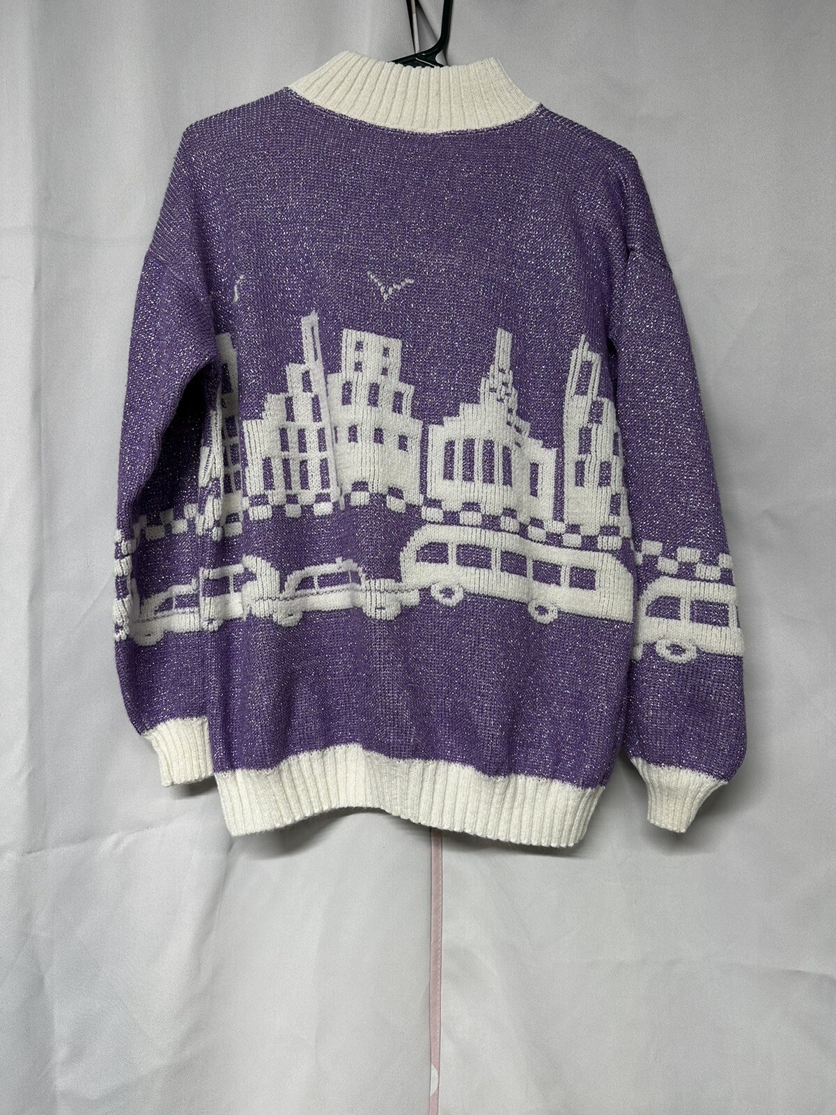 80s Vintage Purple Glitter Pastel City Car Fairy Kei Knit Sweater Womens S?