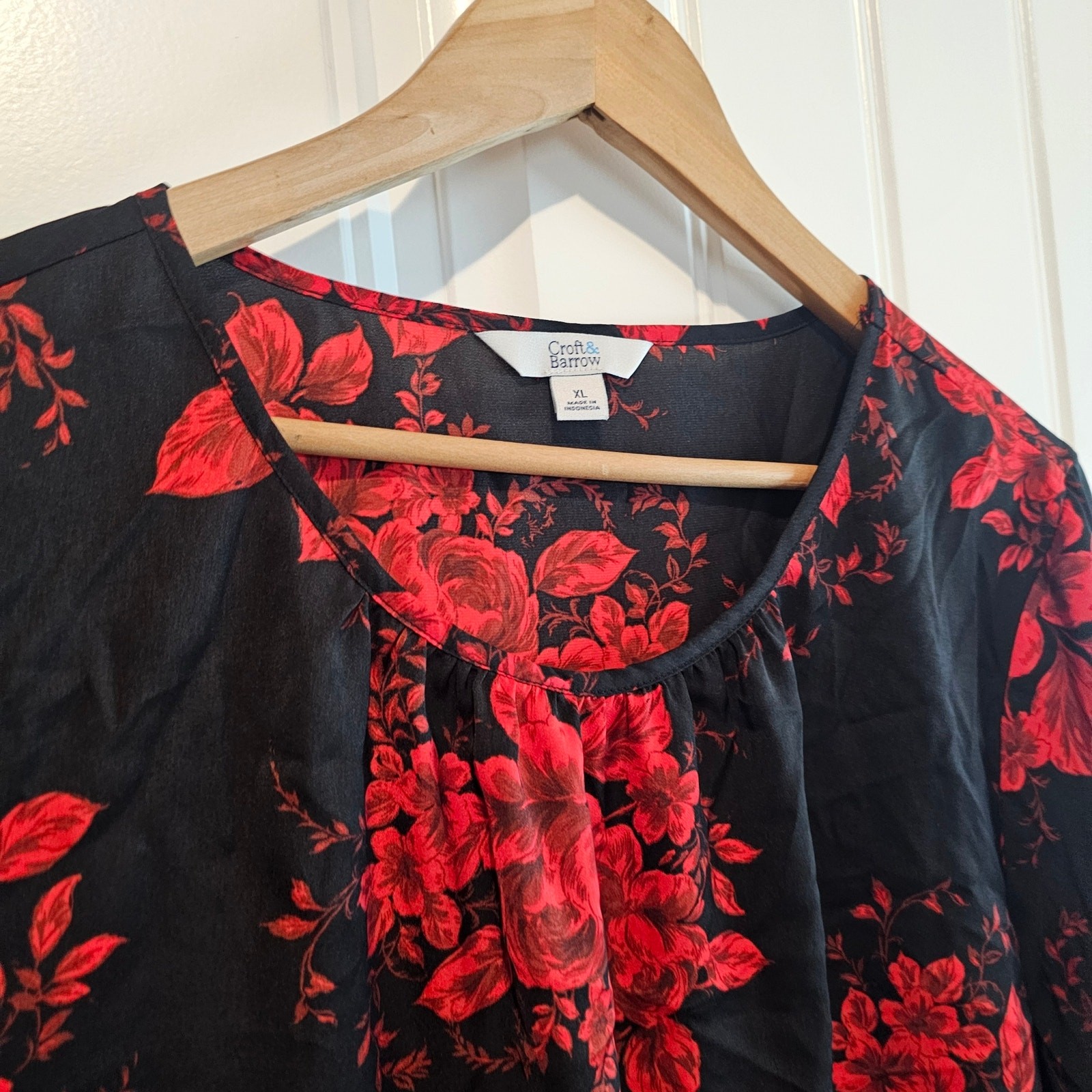 Croft & Barrow Y2K Floral Blouse Womens XL Red Blk Whimsygoth Fairy Boho Roses