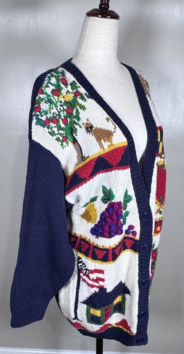 Vintage Talbots Hand Knit Fruit Patriotic School Teacher Cardigan Sweater Sz L