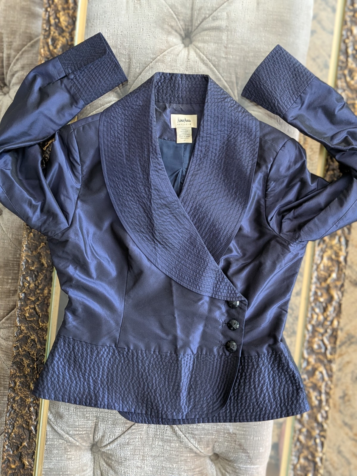 VTG Neiman Marcus Exclusive Silk Satin Skirt Suit Set 8 M Purple Ruched Tailored