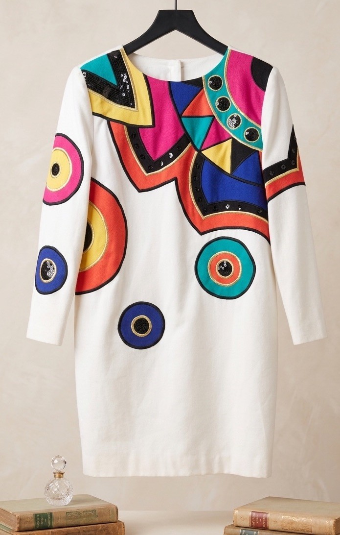 Vtg 80s IBE Colorblock Appliqué Sequin Shift Dress Sz 10 Cream Geometric Artwear
