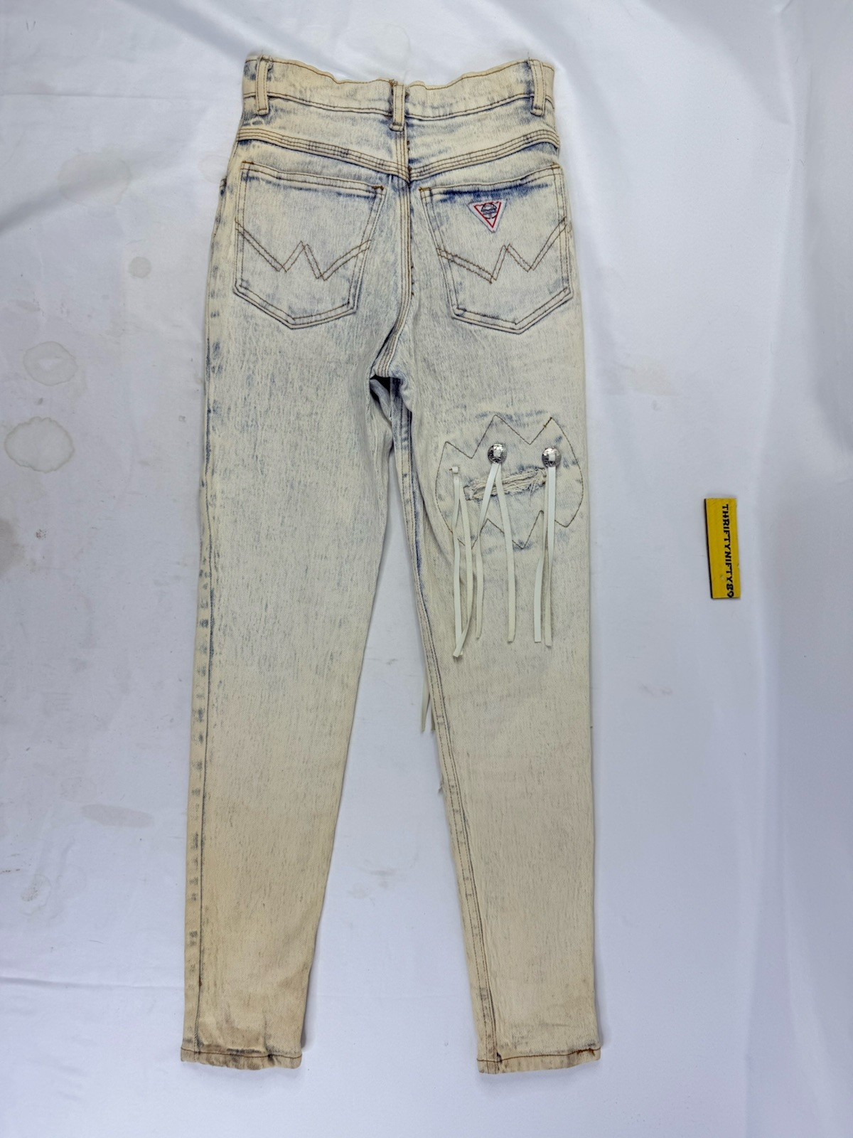 Vintage 90s Acid Stonewashed Jeans Speed Denim Sz 3/4 Frayed Patch Stretch 80s