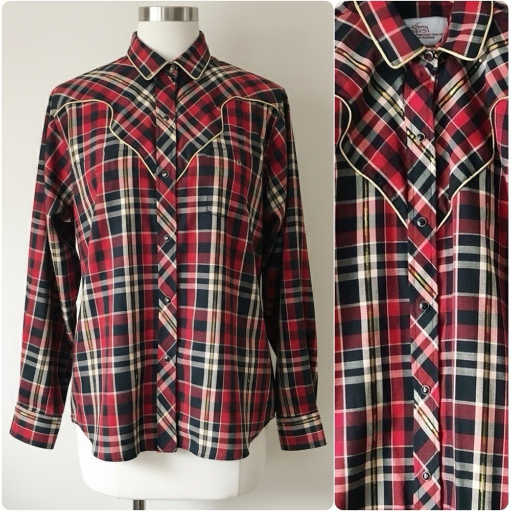 80s Kenny Rogers Western Plaid Button Down Piped Yoke Rodeo Chic Pearl Snap Sz M