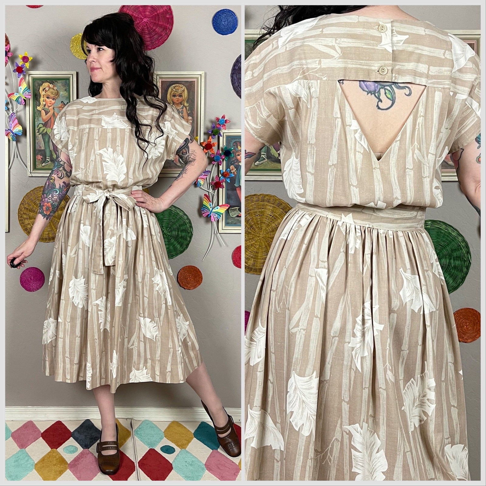 Vintage 1970s Bamboo Print Short Sleeve Cut Out Mid Dress | Small | Medium