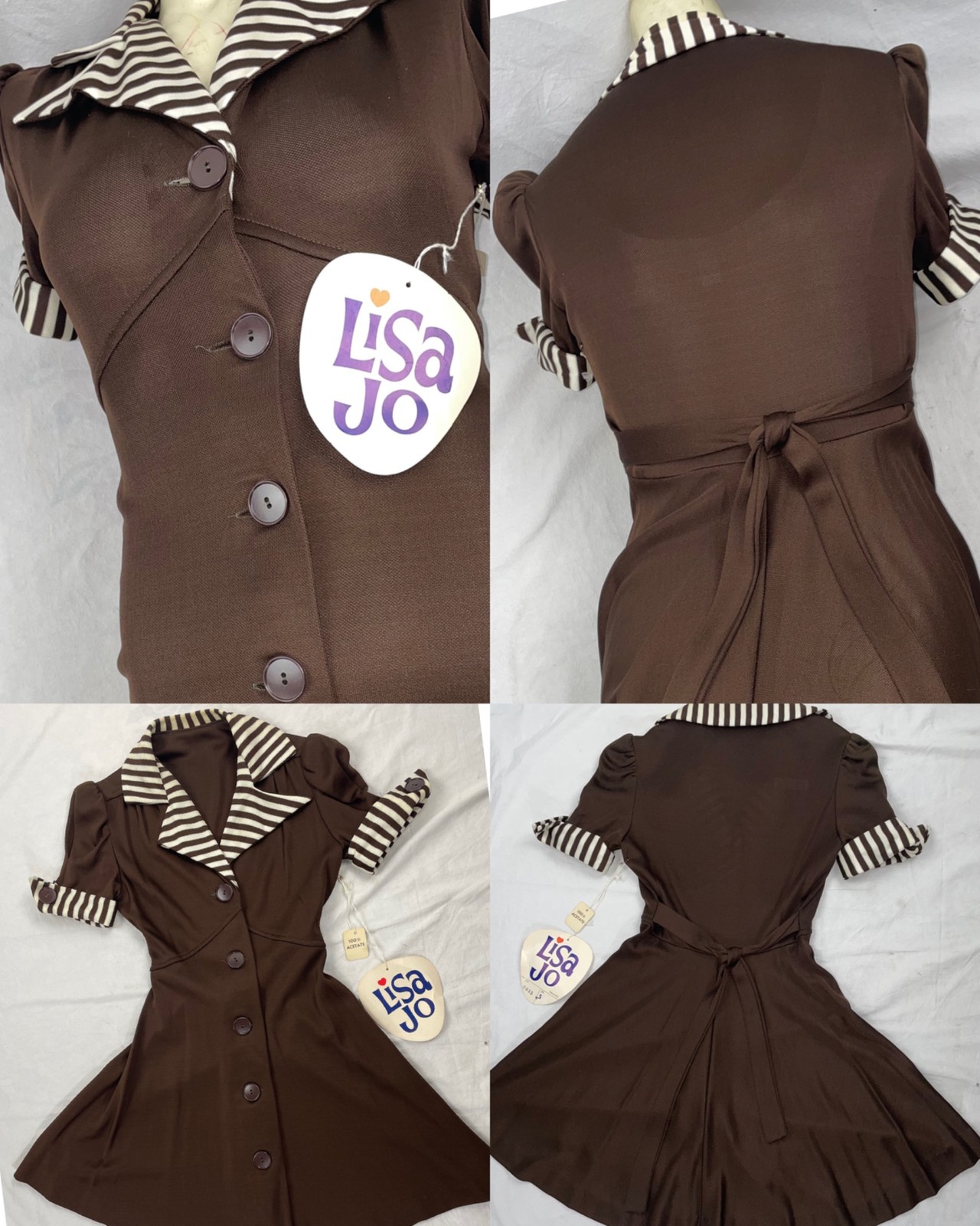 VTG 70S WOMENS XS NEW BROWN WHITE STRIPE BUTTON DISCO GO-GO CUTE DOLL MINI DRESS