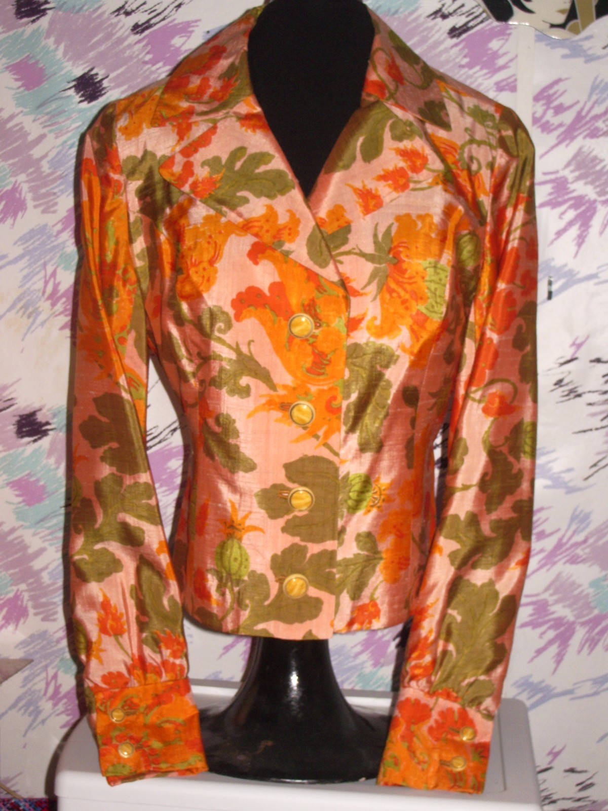 Era 60&rsquo;s custom tailored floral silk lady 2 pcs dress jacket stunning size 6-8