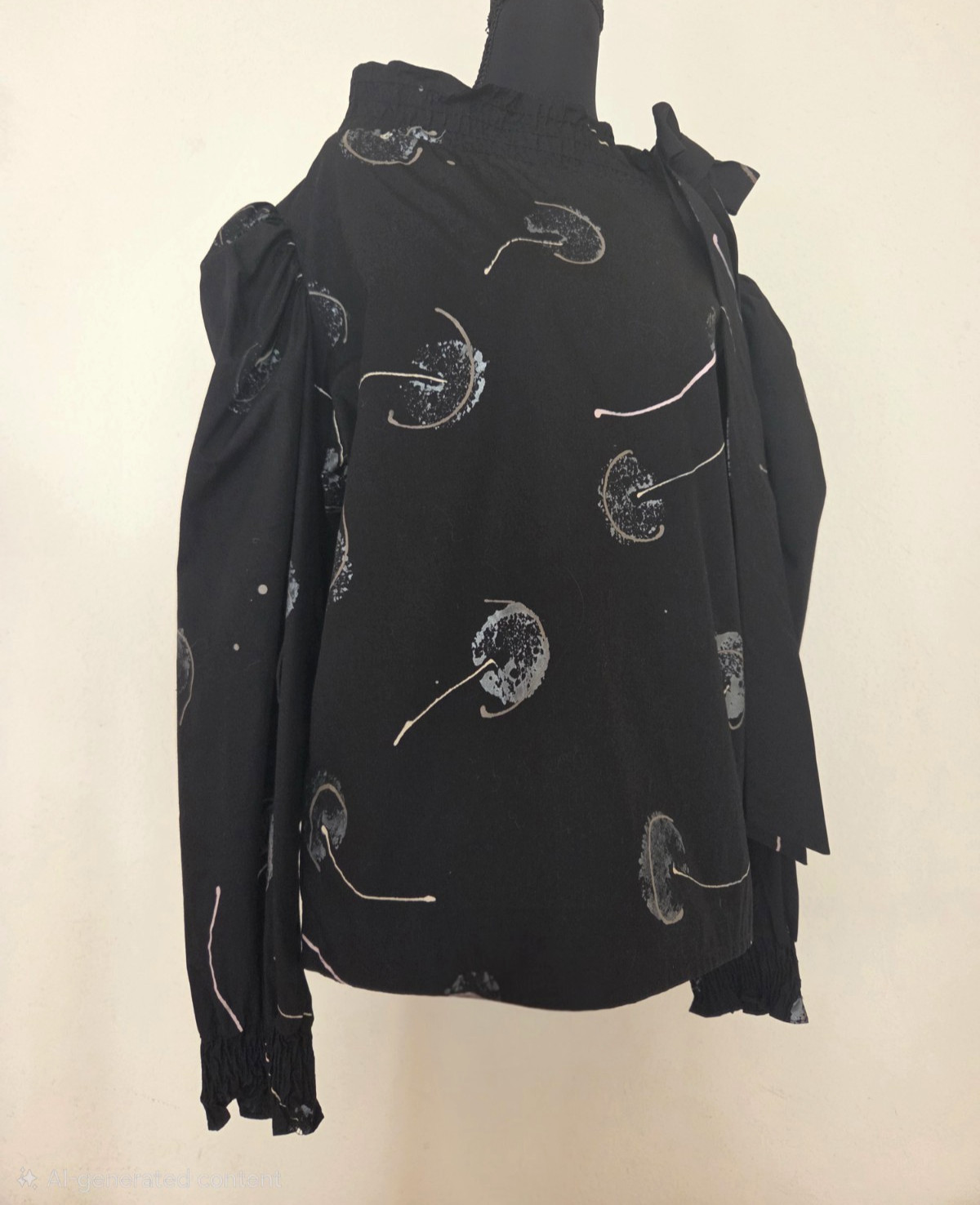 Vintage The Design House Painted Black Blouse with Dandelion Puffs and Neck Tie