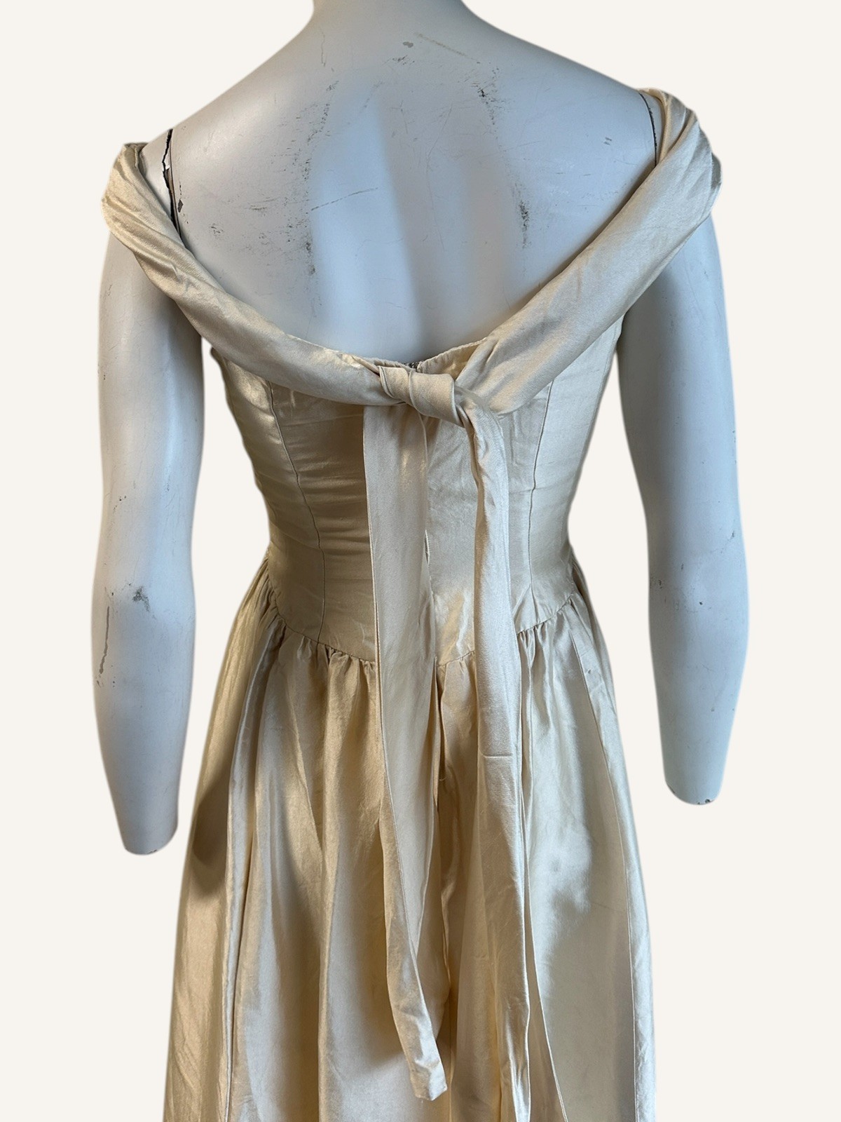 1950s Raw Silk Cream A line Evening Dress As Is Bateau Neckline Drop Waist