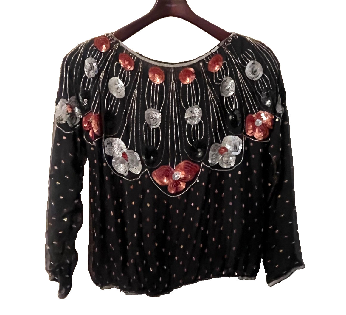 VINTAGE JEFFREY LAWRENCE BENTLEY BEADED SILK BLOUSE TOP WOMEN&rsquo;S S/M SMALL MEDIUM