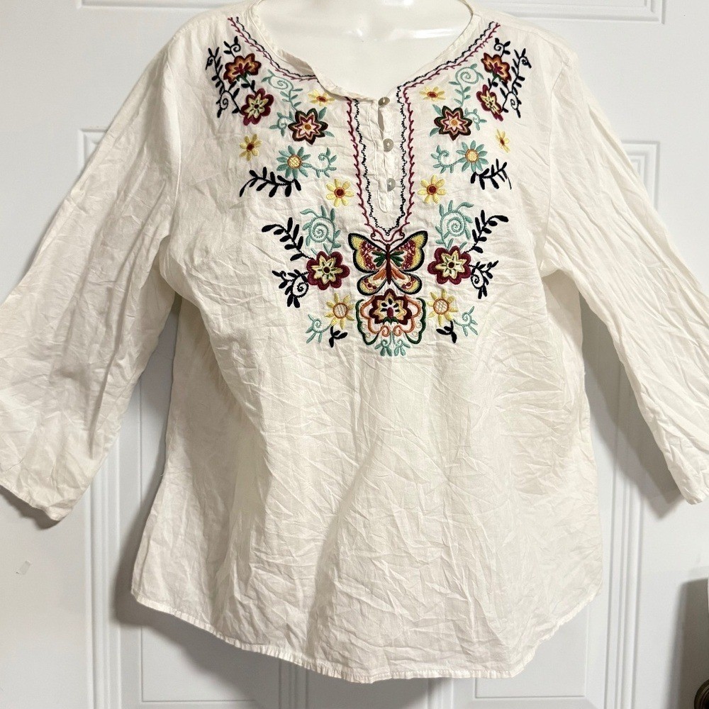 North Style Embroidered Blouse SZ Large Floral Coastal Hippie Boho Nostalgia