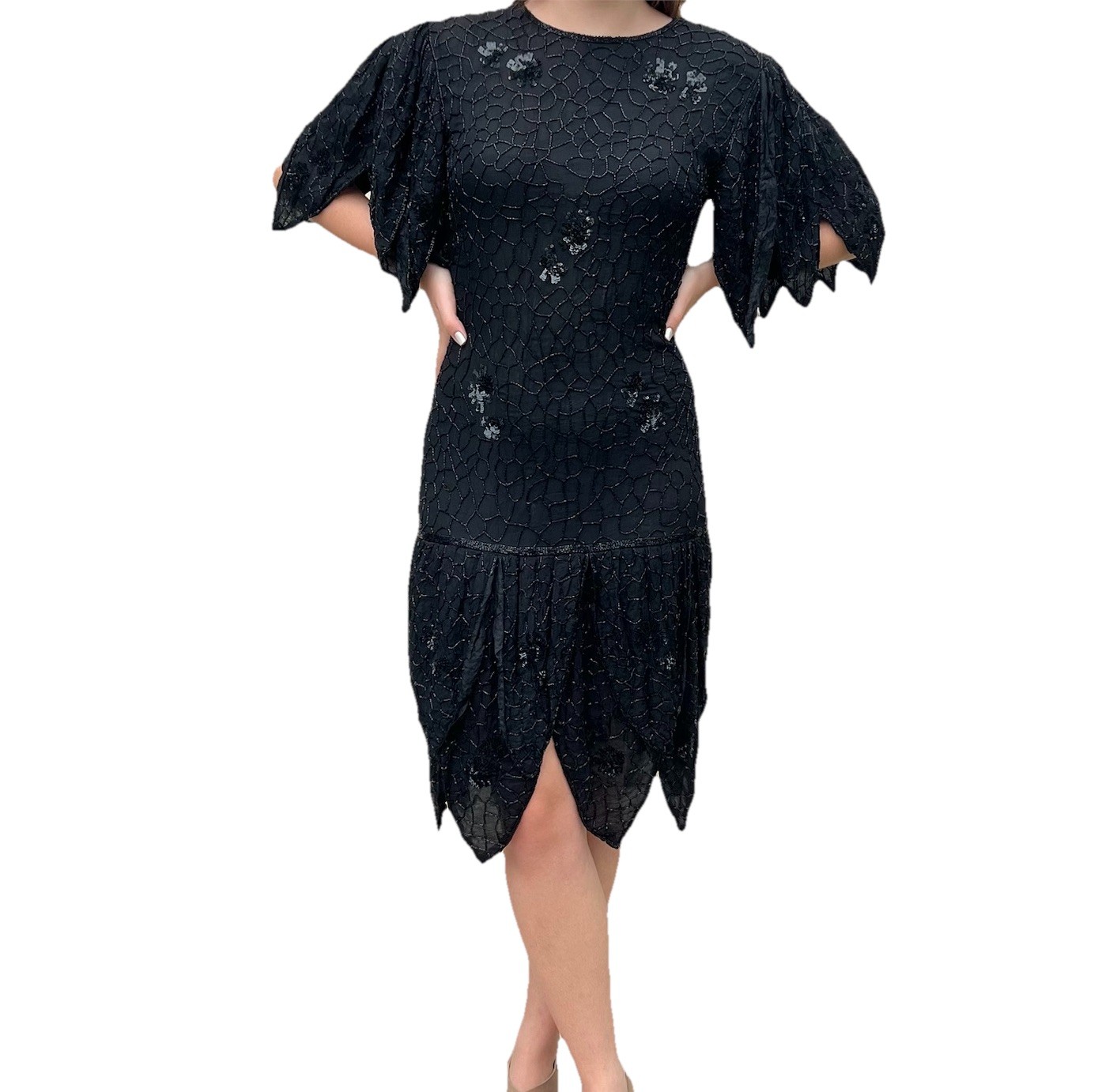 Vintage Frank Usher Black Silk Beaded & Sequin Dress Hand Woven M. Whimsigoth