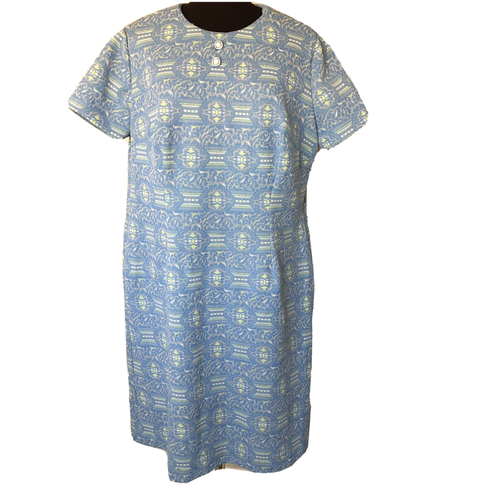 Vintage 70s No Label Shift Dress Raised Blue Green Geometric ILGWU