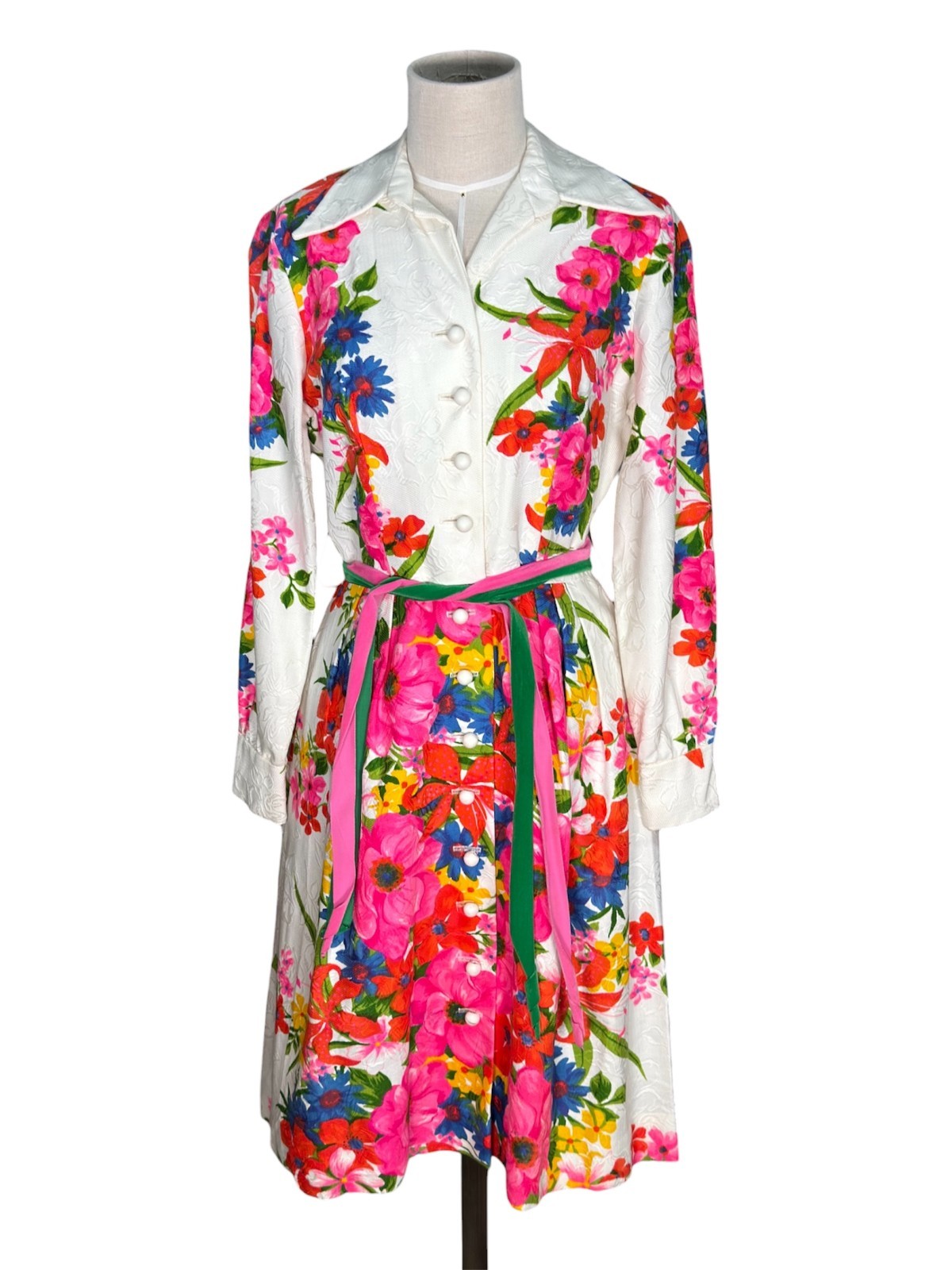 1970s Vtg Stephen O&rsquo;Brady Floral White/Multicolor Dress with Belt – Size 12/S
