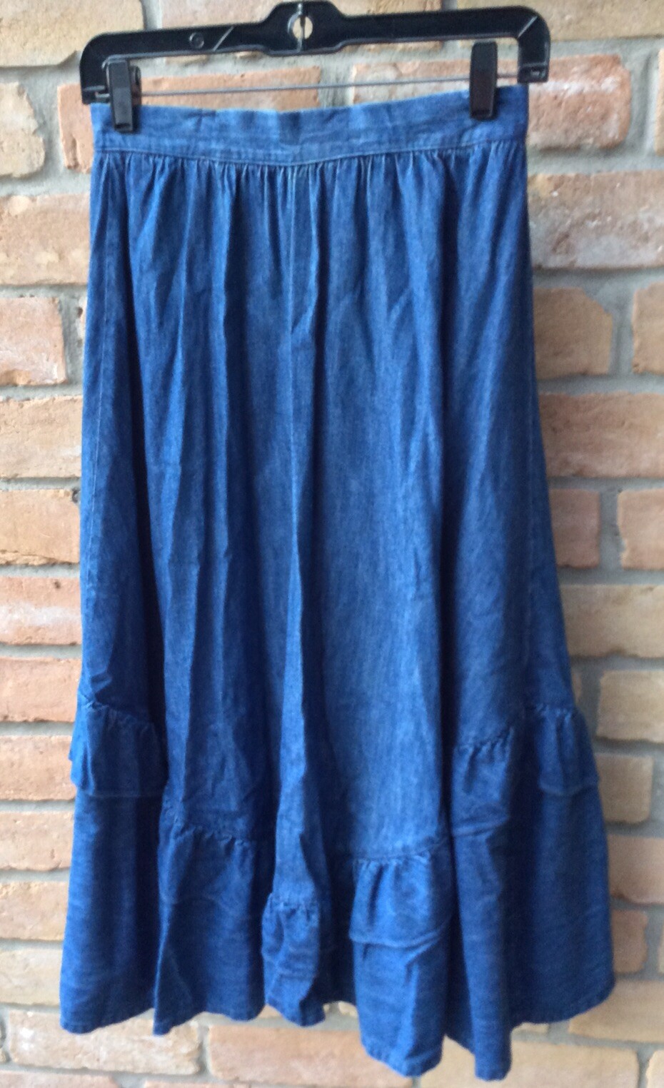 VTG 80s Blue Denim Prairie Skirt Sz S? 26&Prime;W Ruffle Country Western Rustic Farm