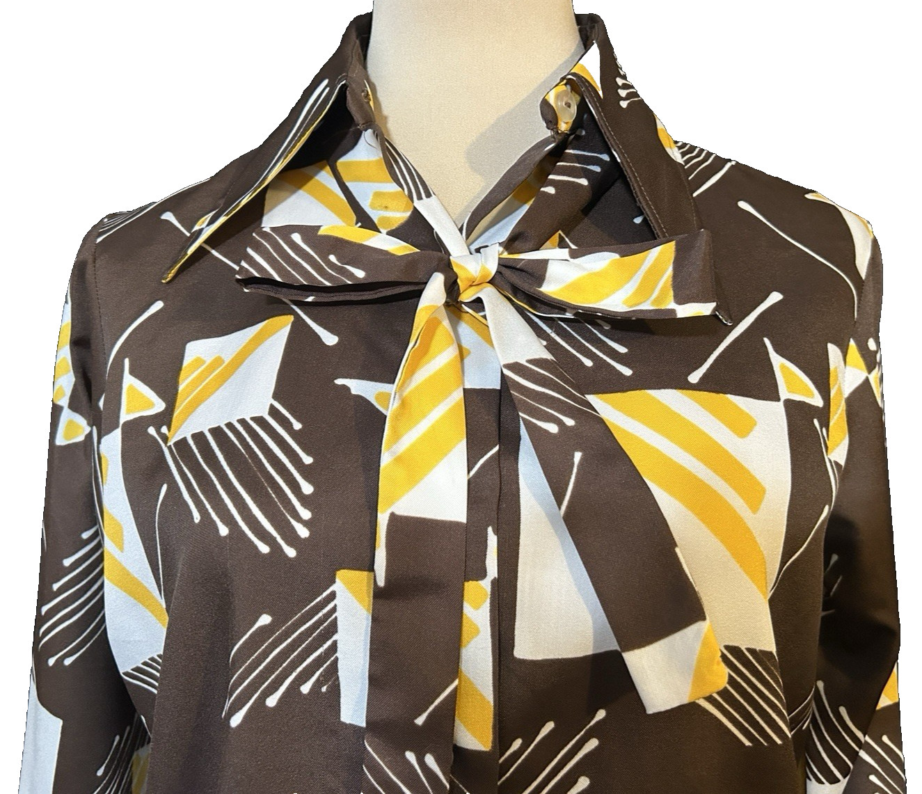 Vintage 1970s Mod Long Sleeve Dagger Collar Button Shirt Women Psychedelic Disco