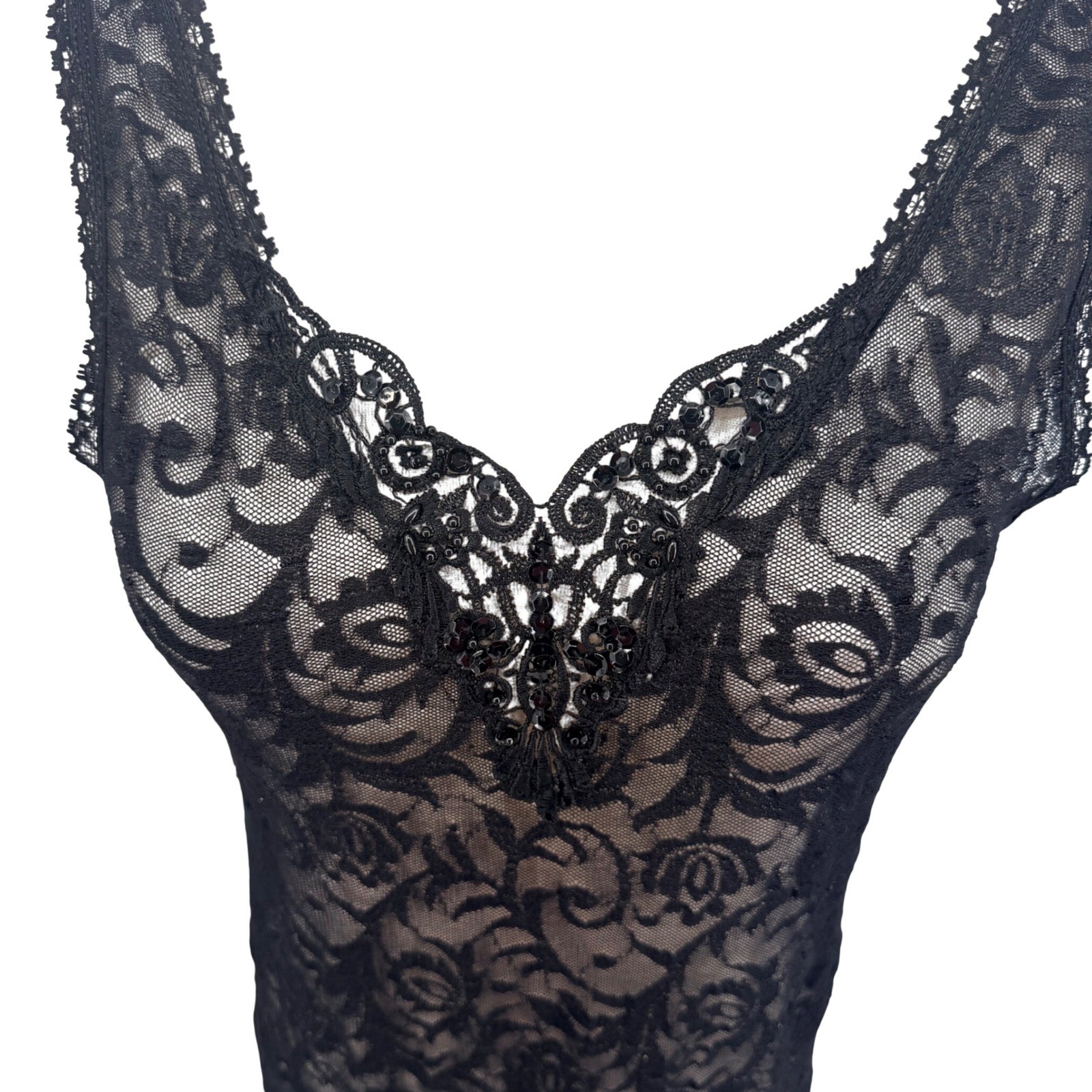 Frederick&rsquo;s of Hollywood Sheer Lace Dress Large Blk Beaded Maxi Mermaid Vintage