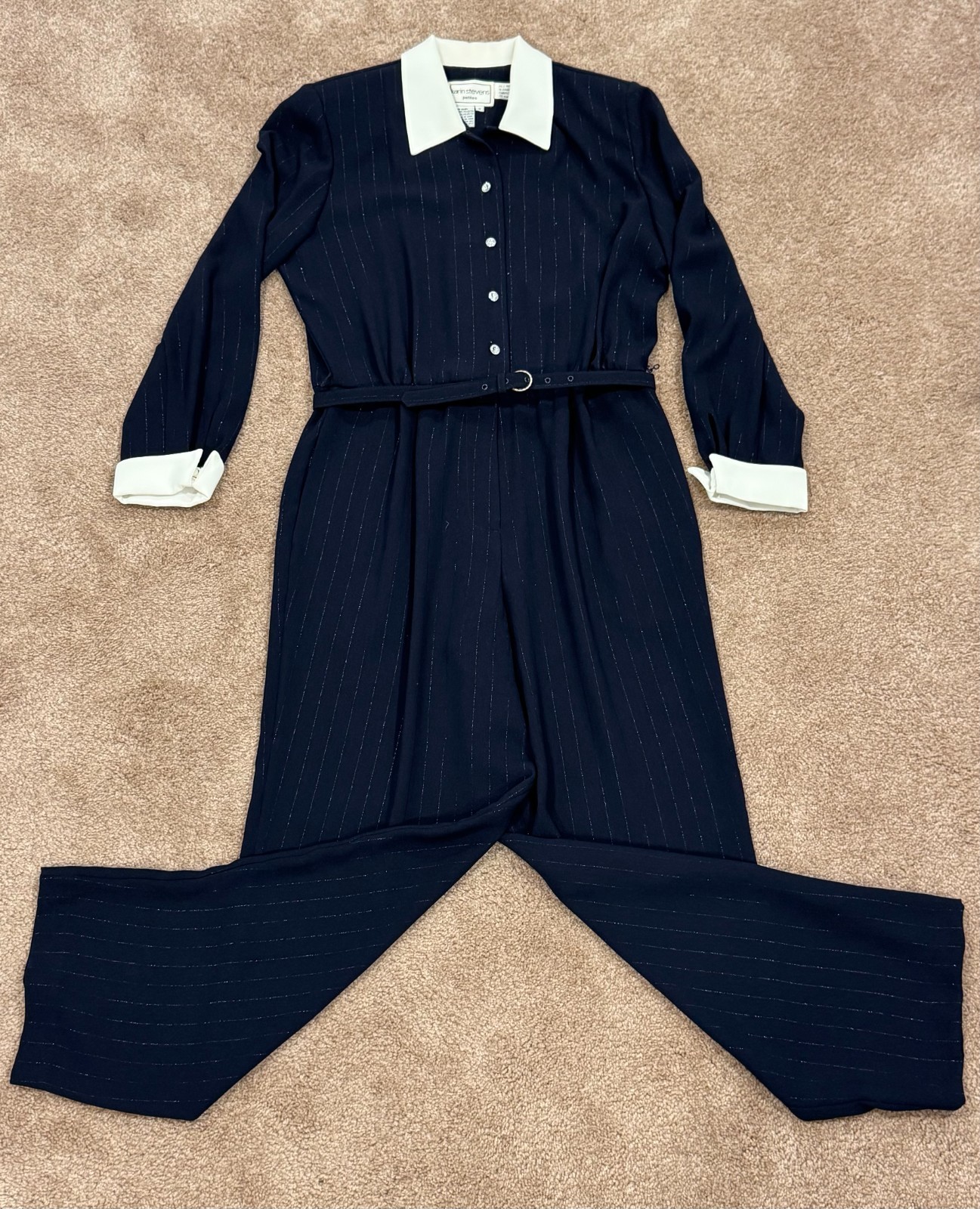 Vtg Karin Stevens Black Silver Pinstripe Rhinestone Belted Jumpsuit 12P 1980’s