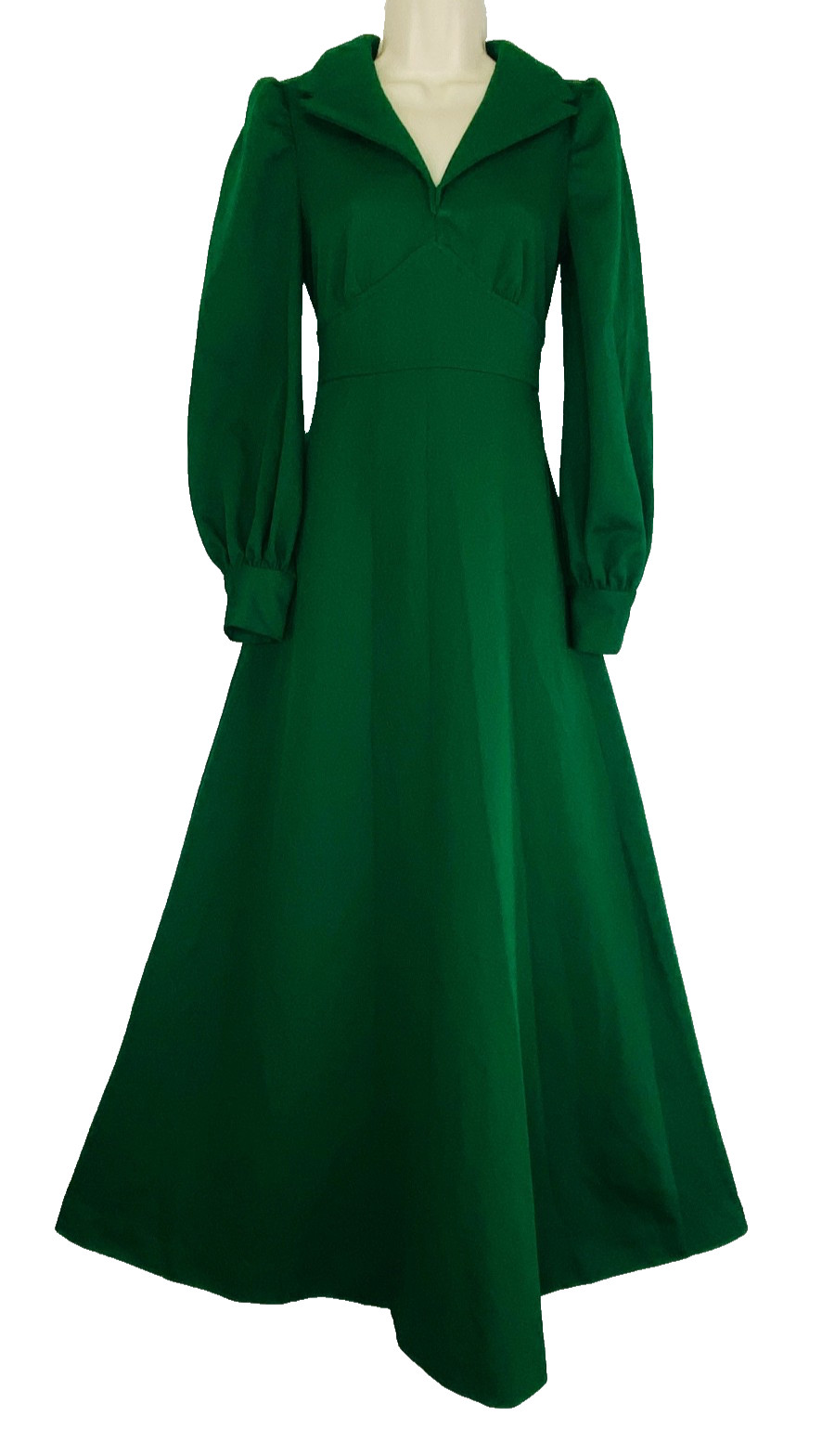 Vintage 1970s dark green maxi dress XS kelly forest long balloon sleeve A line