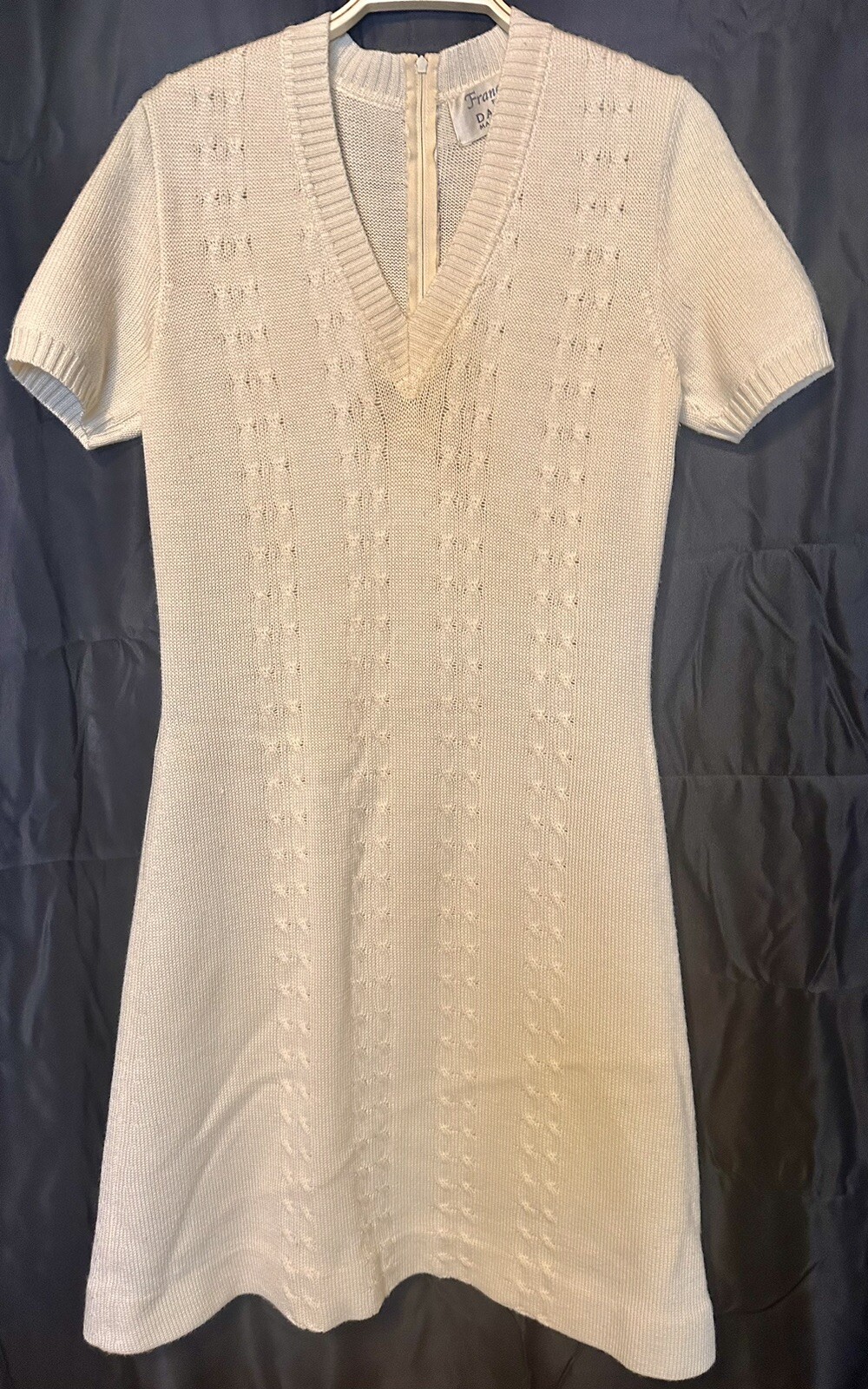 Vintage Francesca Damon Cream SS Sweater Dress Wool Blend Italy 10 Zipper Back