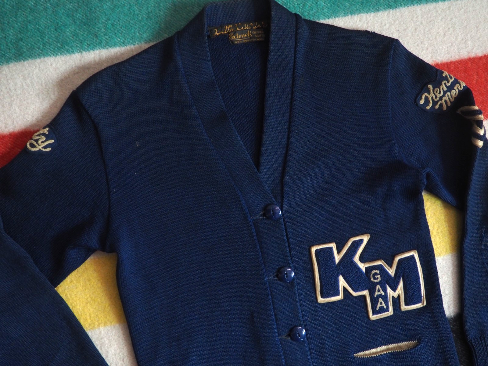 VTG 50s Octonek Seattle Navy Blue Button Wool Varsity Letterman Sweater Womens S