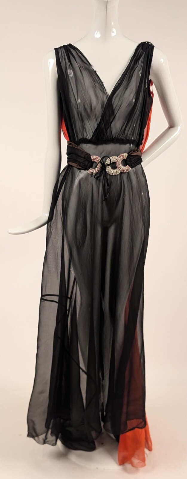 ART DECO 1930’S BLACK + ORANGE SILK CHIFFON DRESS W RHINESTONE ENCRUSTED RINGS