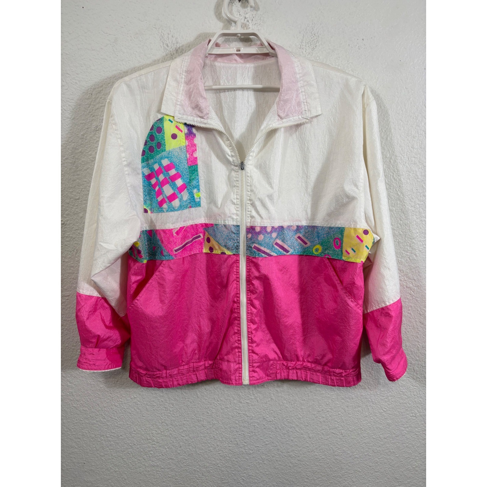 Vintage 80s Reversible Windbreaker Jacket Neon Pink White Geometric Pop Art