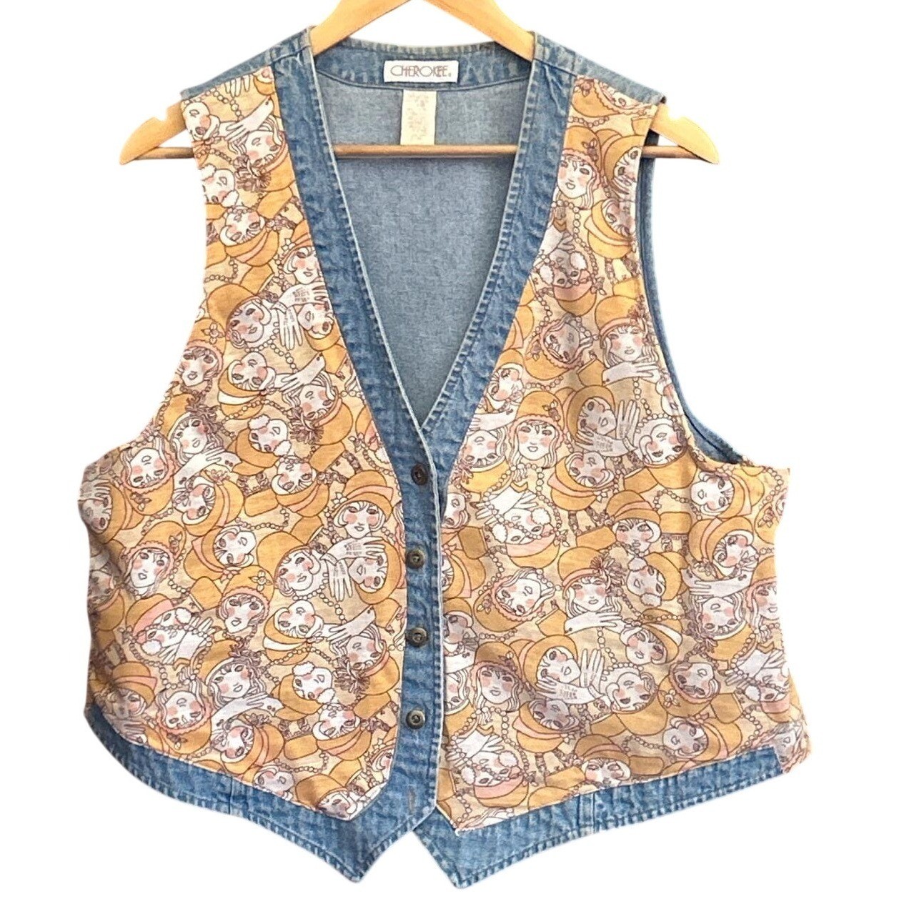 90s Cherokee Denim Vest Flapper Novelty Print Art Deco Kitschy Retro Waistcoat