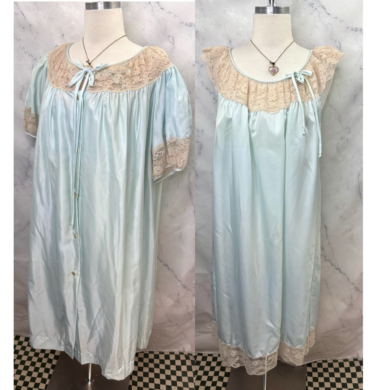 Vintage 40s Nightgown Peignoir Robe Slip Set Blue satin M Ethereal Coquette MCM