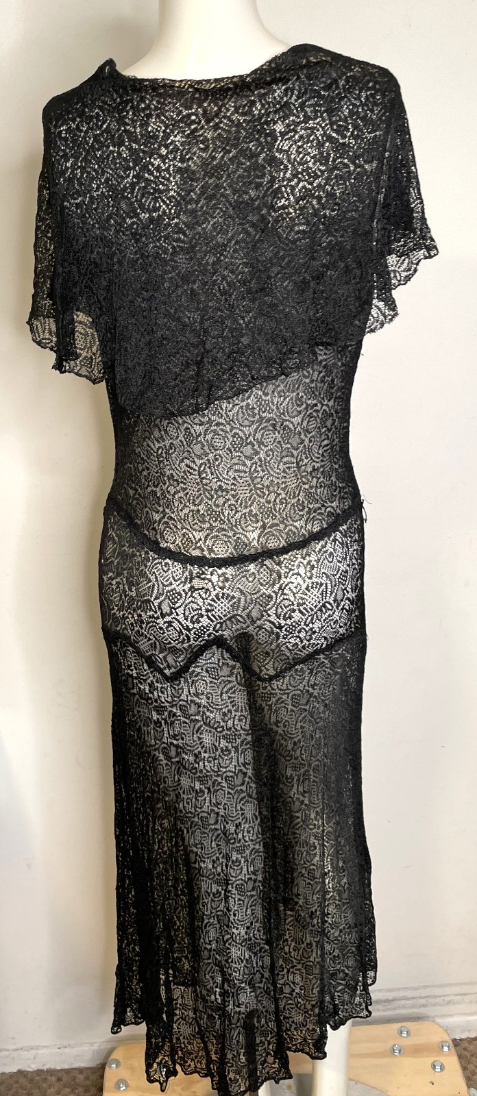 Antique 20s 30s Black Lace Art Deco Dress S M 3-in-1 Sleeveless Midi Fitted