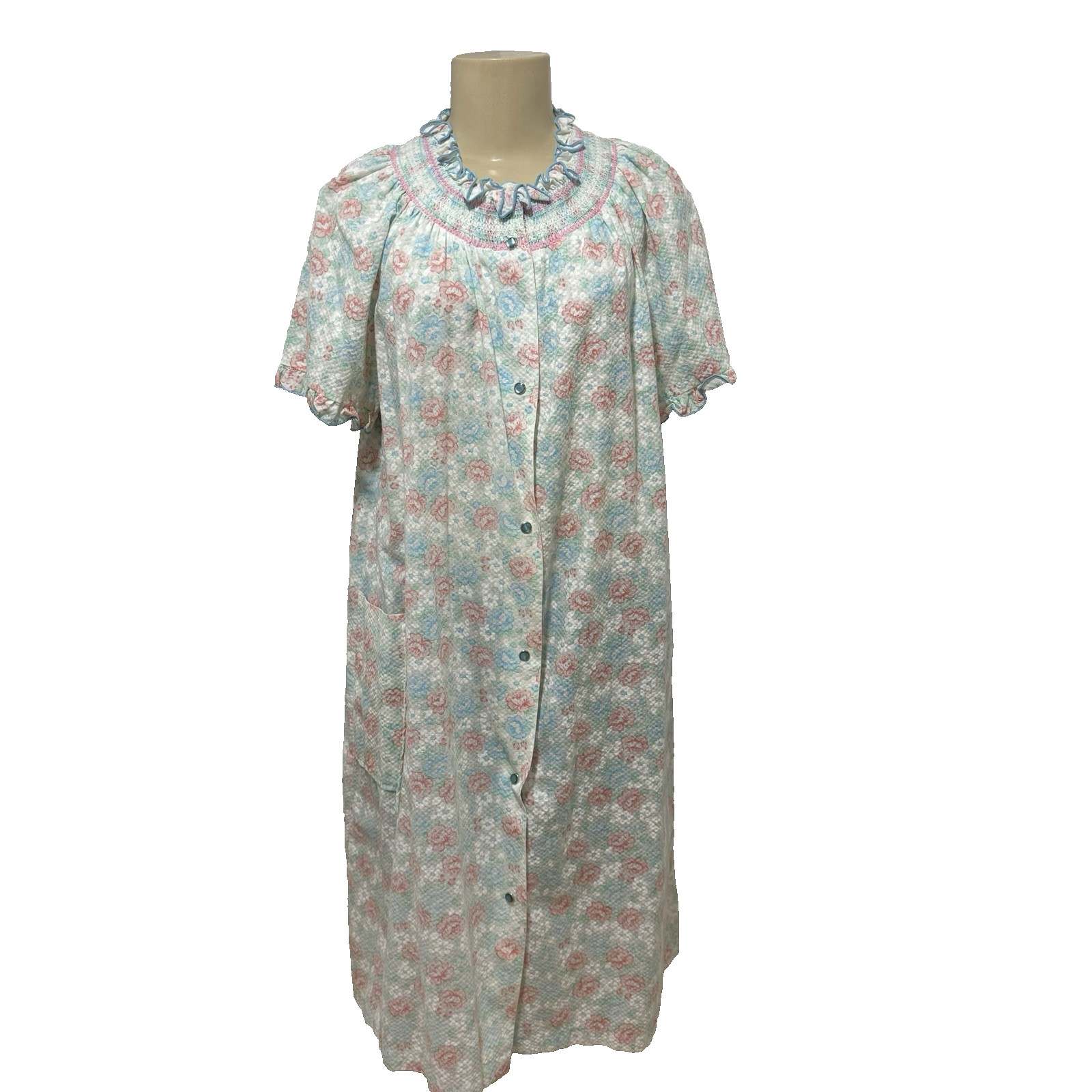 Vintage 60s Housecoat Duster Robe Pearl Snaps Ruffles Smocked Grannycore